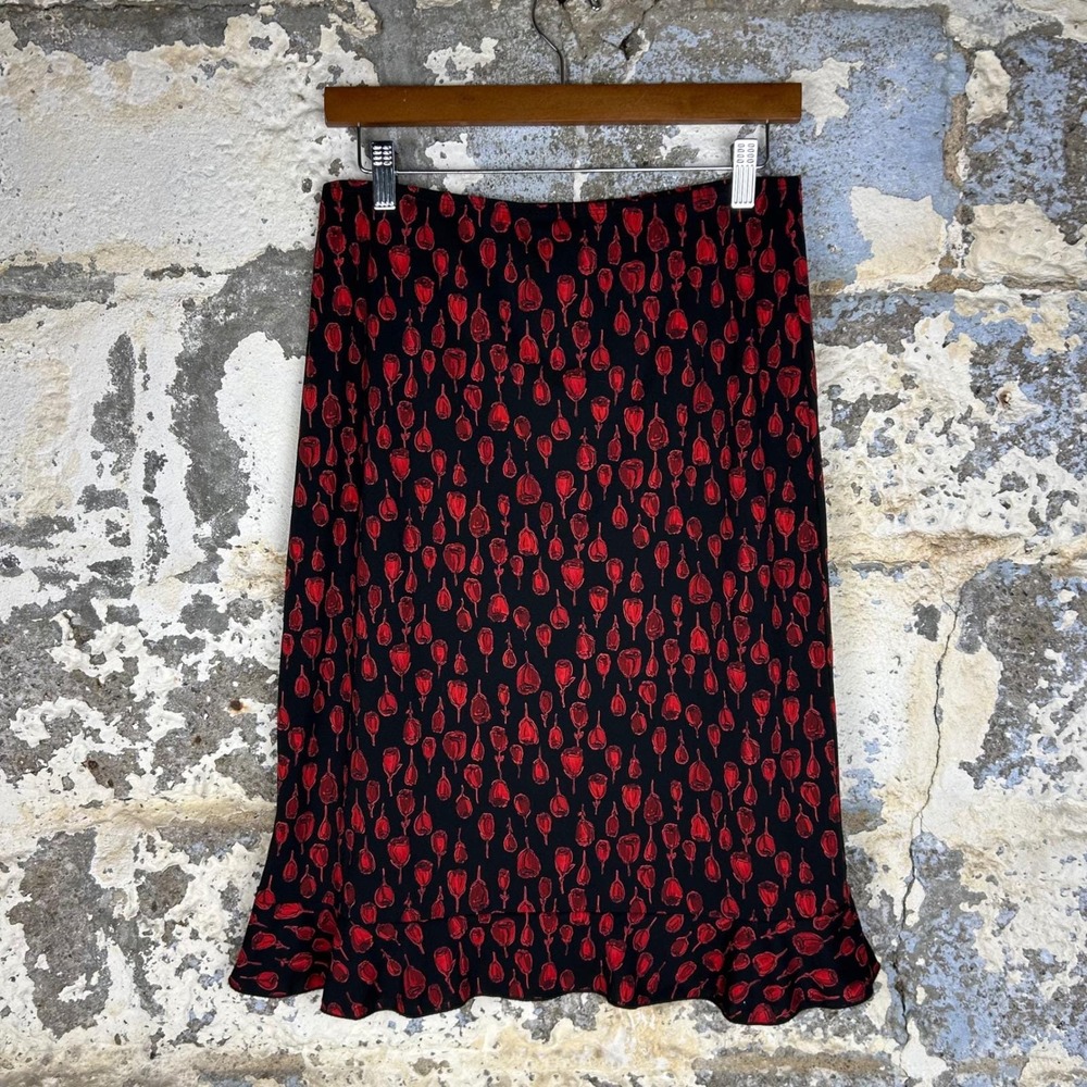 Vintage 90s Luna Chix Rose Print Midi Skirt Black Red Ruffle Hem USA Made Medium